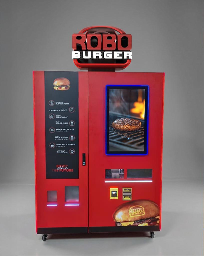 RoboBurger Gen 3 autonomous burger robot â€” redesigned red exterior with live viewing window and touchscreen