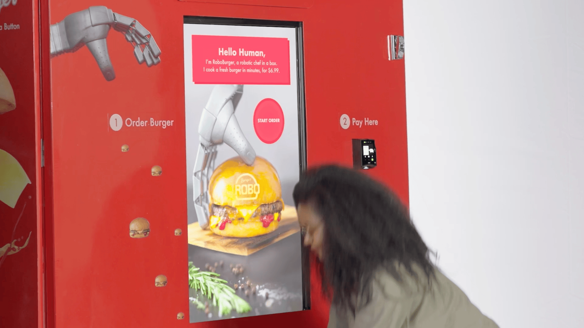 Fresh burger delivered through RoboBurger automated pickup bay