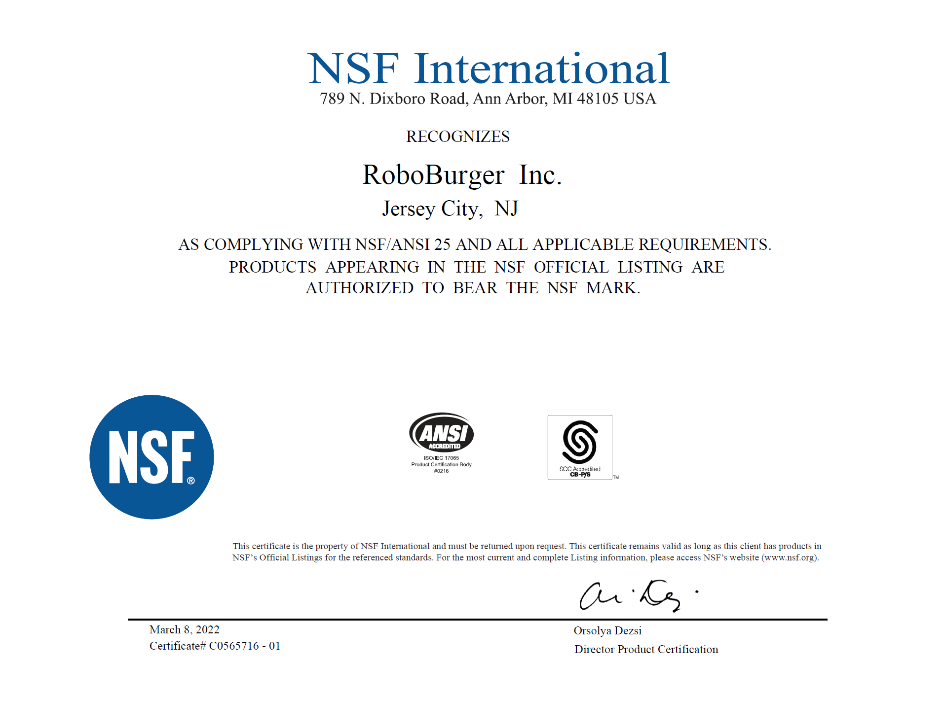 RoboBurger NSF International Certificate of Compliance